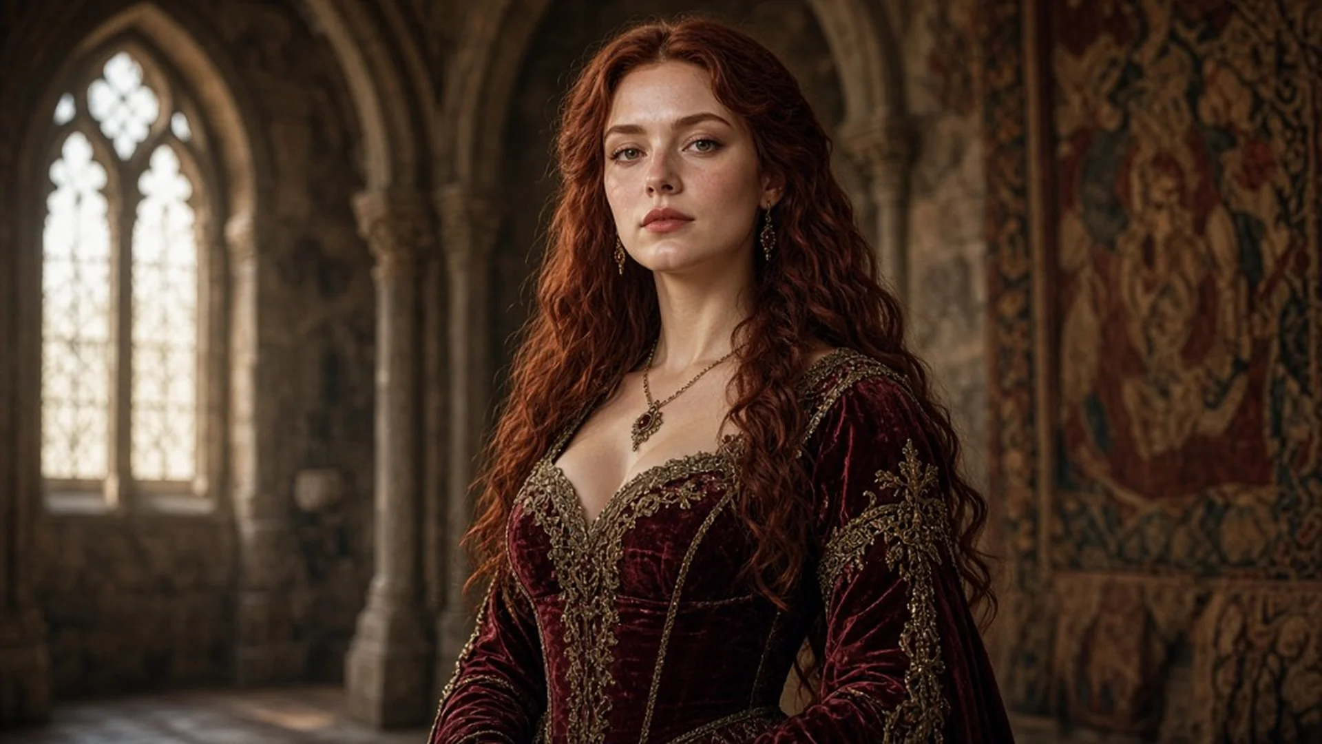 Photoreal portrait of a red-haired woman in a burgundy velvet gown in a stone hall