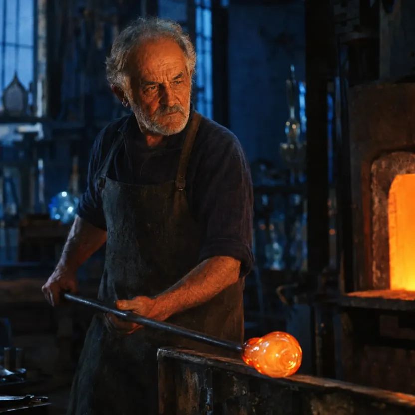 GPT Image 2.5 Flare: Editorial portrait of an elderly Venetian glassblower in his Murano workshop, weathered face lit by the orange glow of the furnace, holding a blowpipe with a glowing bead of molten glass, deep blue shadows behind him, shallow depth of field, shot on medium format film, fine grain