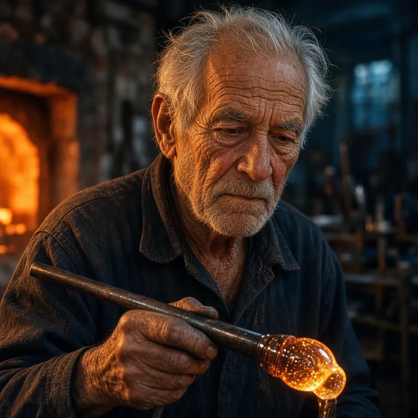 Grok Imagine 2.0: Editorial portrait of an elderly Venetian glassblower in his Murano workshop, weathered face lit by the orange glow of the furnace, holding a blowpipe with a glowing bead of molten glass, deep blue shadows behind him, shallow depth of field, shot on medium format film, fine grain
